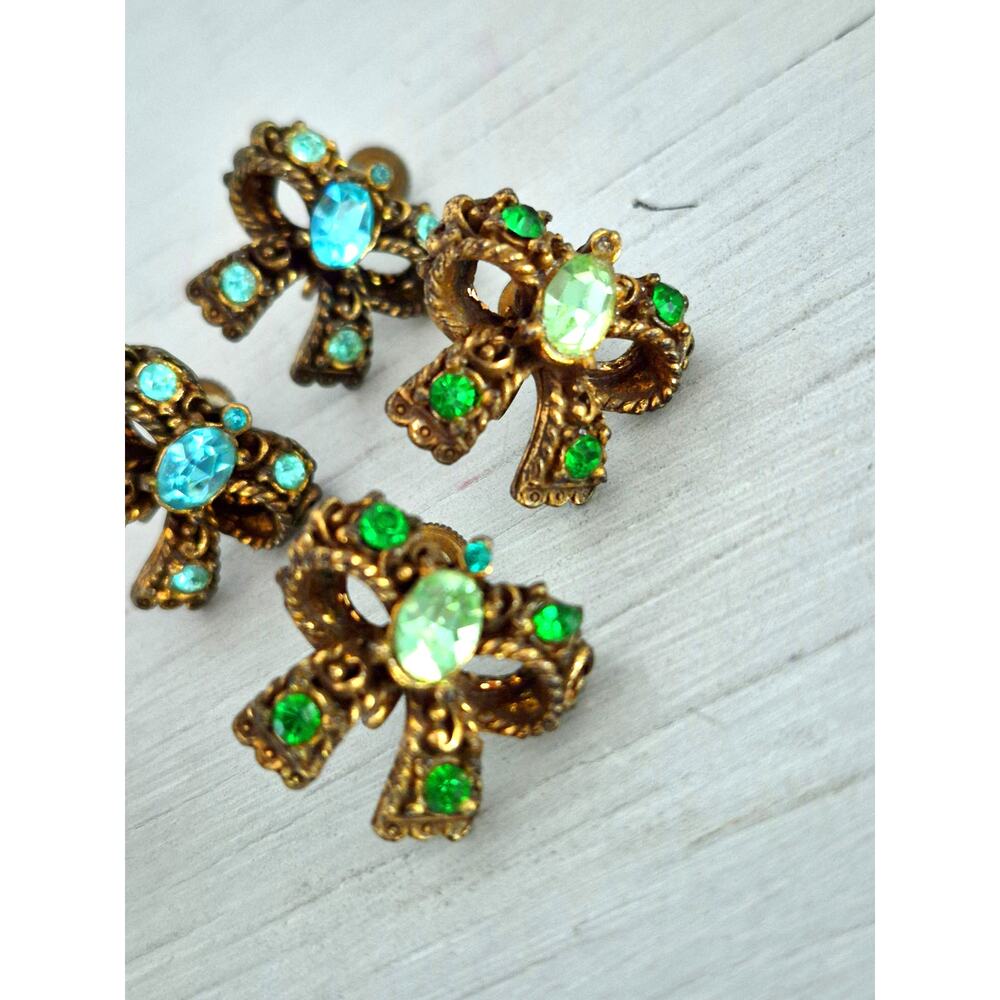 Vintage Coro Bow-tie Blue and Green Rhinestone Clip On Earrings Lot of 2